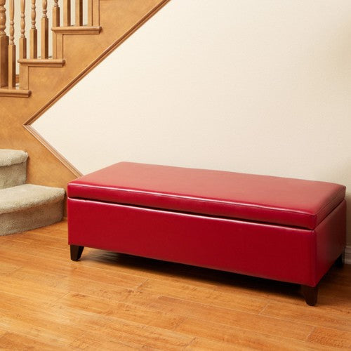 York Red Leather Storage Ottoman Bench