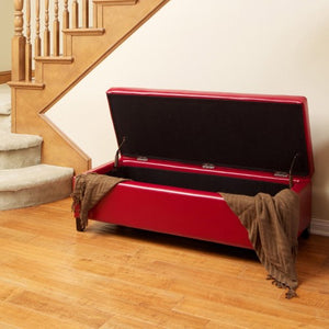York Red Leather Storage Ottoman Bench