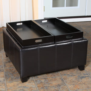 Mansfield Leather Espresso Tray Top Storage Ottoman