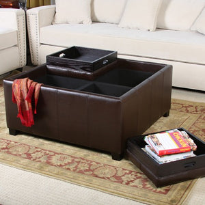 Dartmouth Espresso Leather Tray Storage Ottoman
