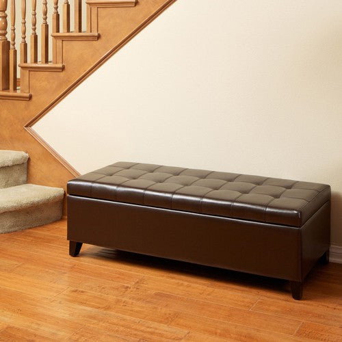 Mellen Tufted Brown Leather Storage Ottoman Bench