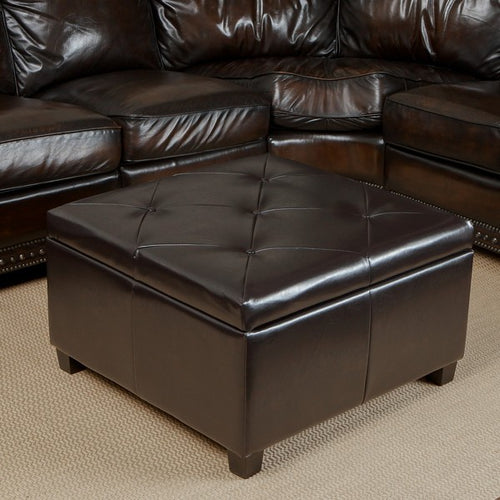 Linley Tufted Espresso Leather Storage Ottoman