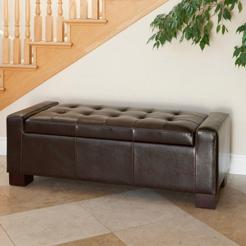 Guernsey Brown Leather Storage Ottoman Bench