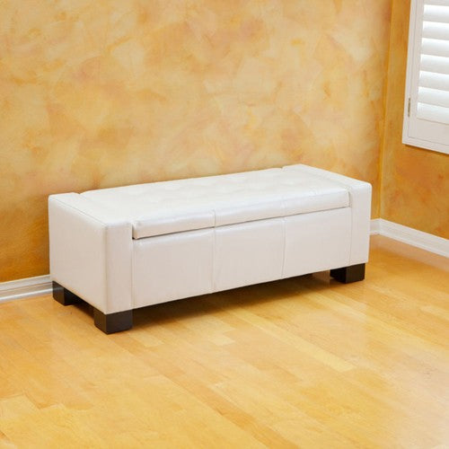 Guernsey Cream Leather Storage Ottoman Bench
