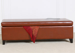 York Saddle Brown Leather Storage Ottoman Bench