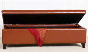 York Saddle Brown Leather Storage Ottoman Bench