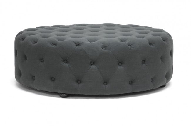 Cadell Dark Gray Linen Round Tufted Ottoman