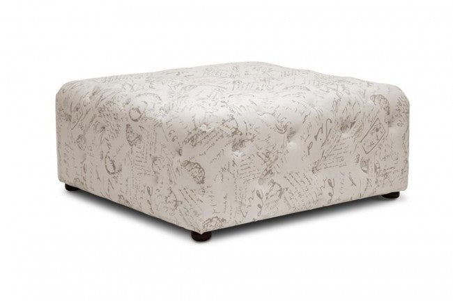 Teague Beige Script Print Modern Tufted Ottoman