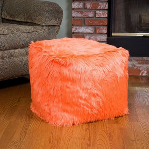 Skyler Orange Faux Fur Cube Accent Pouf